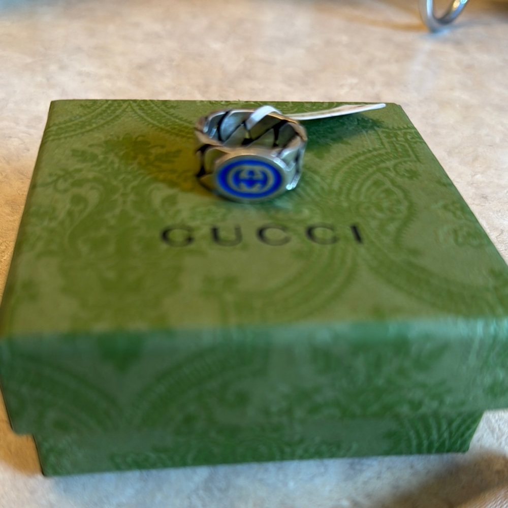 Gucci Blue Enamel Interlocking G Silver Ring